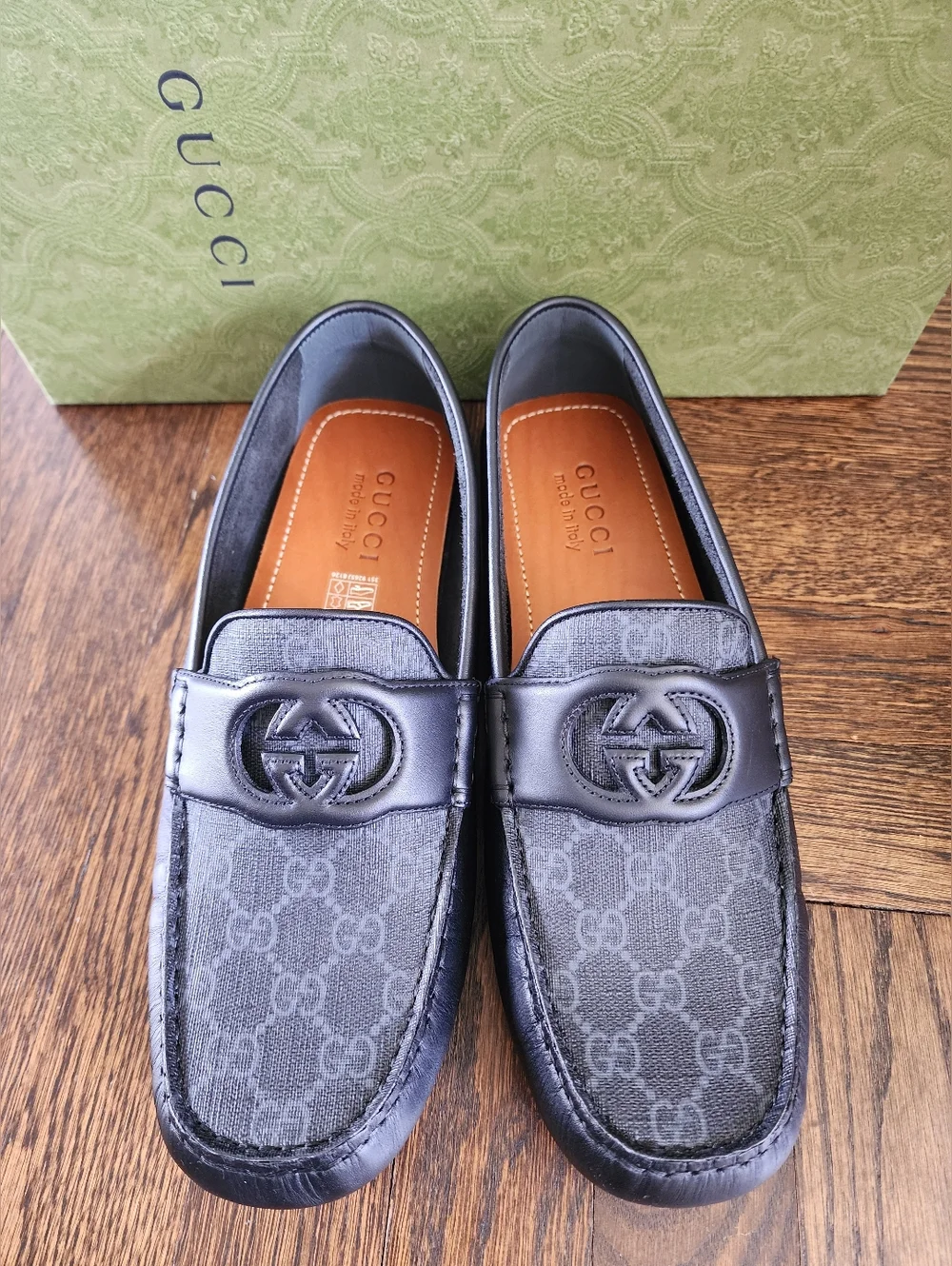 $850 Brand New Gucci GG Interlocking Driver Loafers in Black Leather G 7.5 US 8
